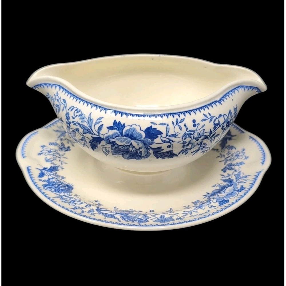 VTG Taylor Smith Classic‎ Double Spout Gravy Boat Sauciere Sauceboat Blue Floral